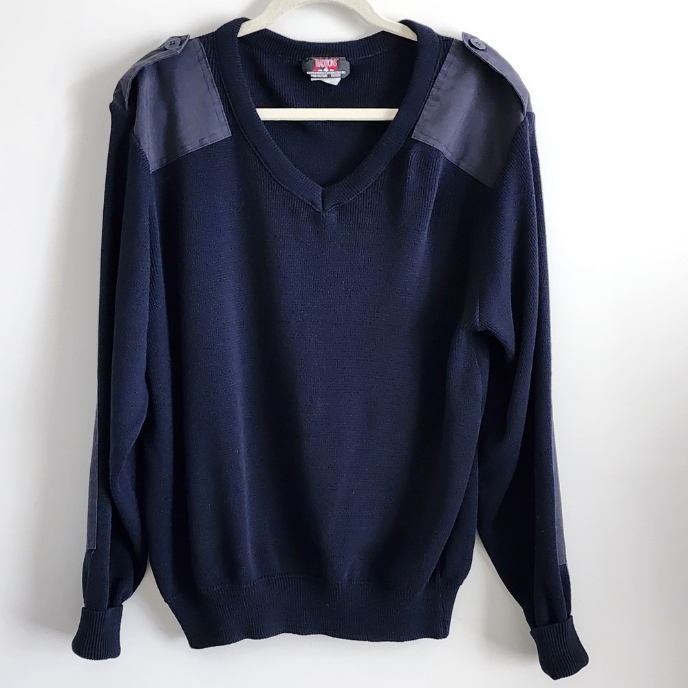 Military Knit Commando Sweater Mens S Navy Blue Epaulets Elbow Patches Utility